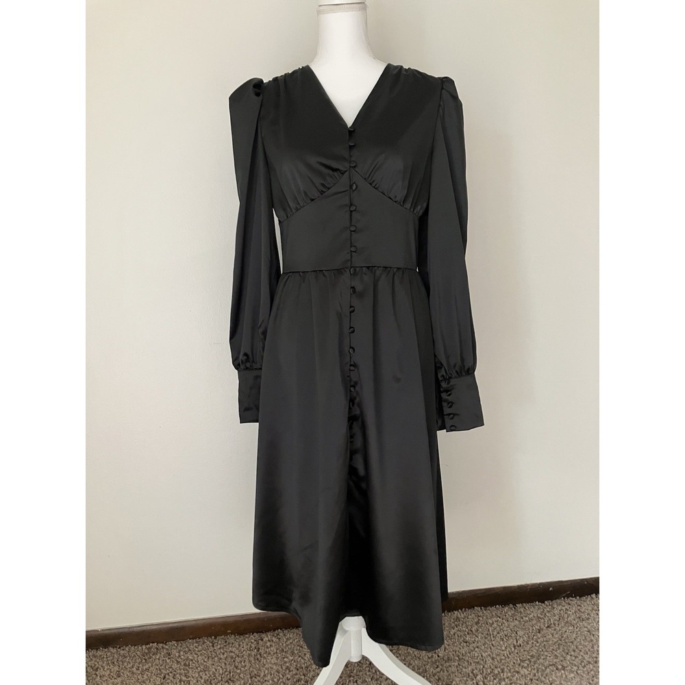Vintage Inspired Black Satin Midi Dress NWOT Size XL In Black